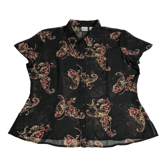 Vintage Emma James Top 14 Black Paisley Floral Sheer Button Y2K Boho Whimsigoth - Picture 1 of 11